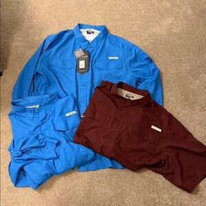 3 Men’s Habit sportsman shirts, size 3XL. 2 are Blue & 1 Burgundy.
